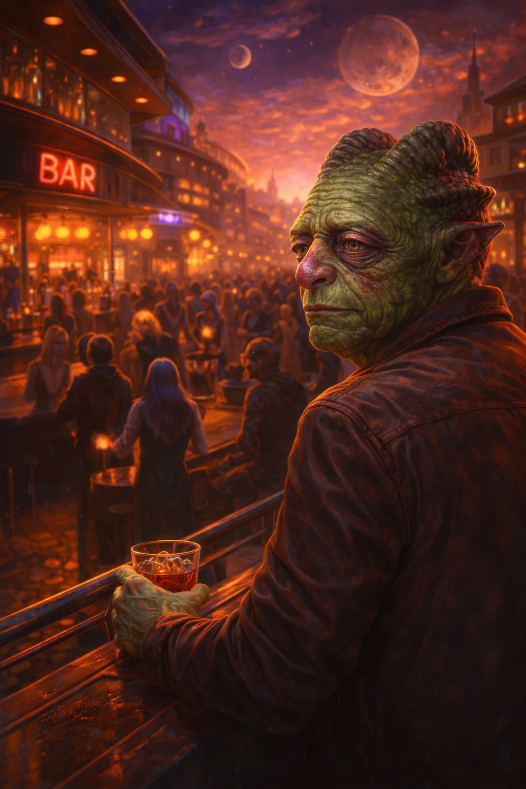 Planet BevE establishing shot: warm bar district and BingE arriving