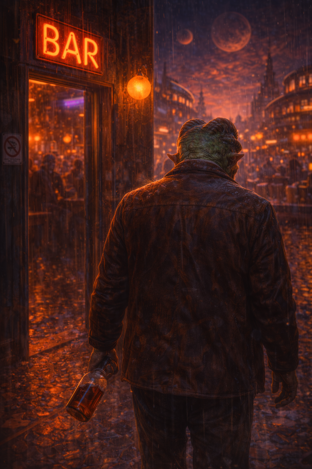 Exit: BingE stepping away from BevE, rain and neon behind him